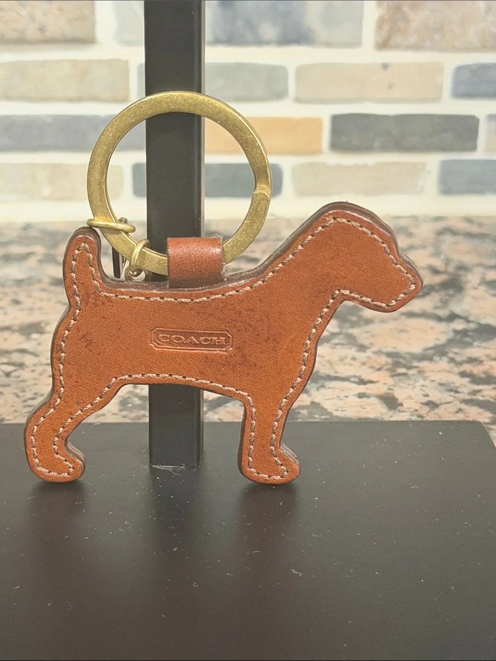 Coach Tan/Brown Leather Dog Charm with Gold-Tone Ring